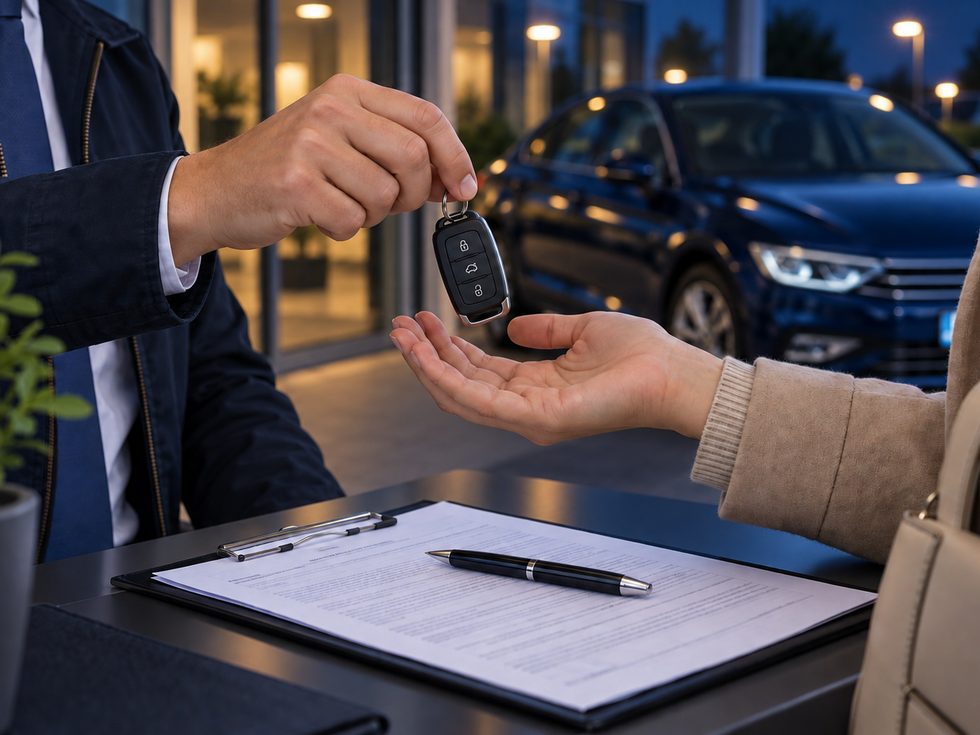 Replacement vehicle keys being handed over with a hire agreement