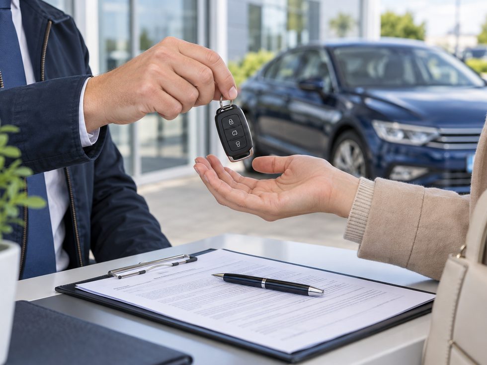 Replacement vehicle keys being handed over with a hire agreement