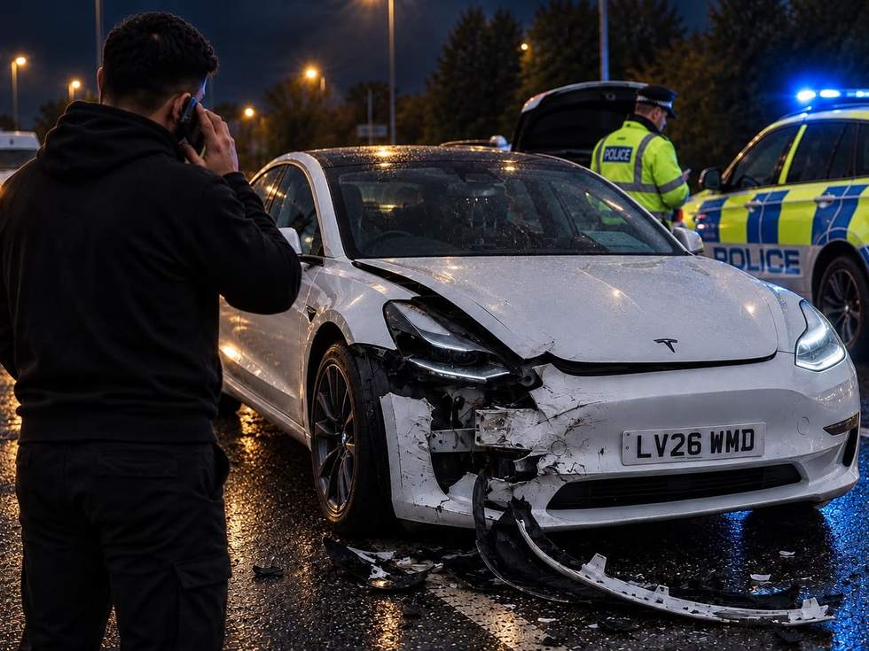 A driver phoning for help beside a damaged car at an accident scene