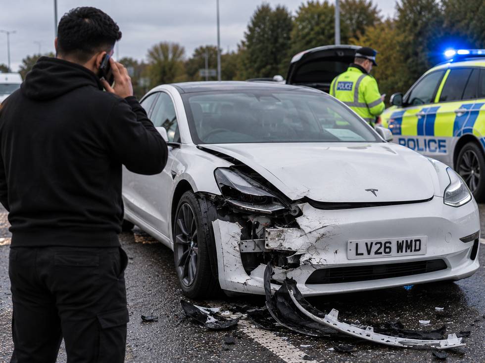 A driver phoning for help beside a damaged car at an accident scene