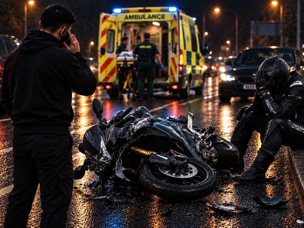 The scene of a motorcycle accident with an ambulance in attendance