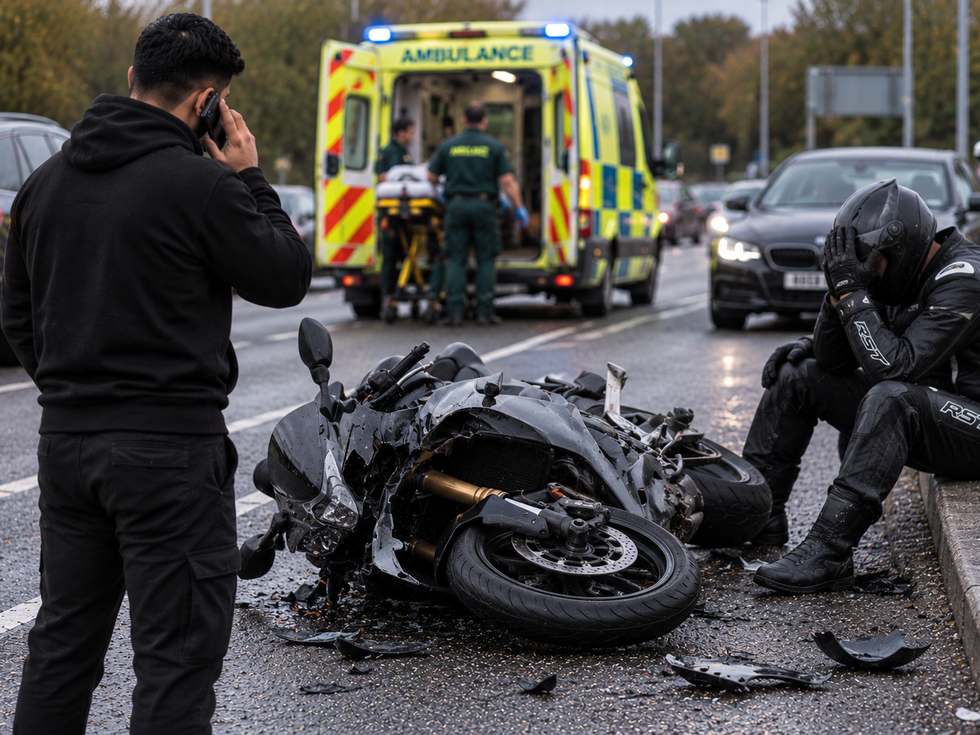 The scene of a motorcycle accident with an ambulance in attendance