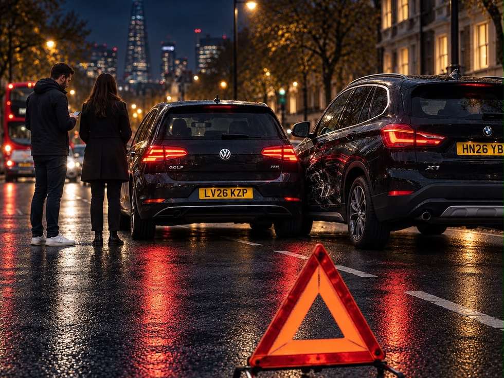 Two cars stopped after a collision with a warning triangle behind them