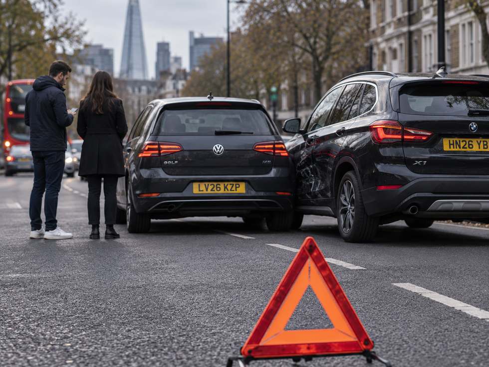 Two cars stopped after a collision with a warning triangle behind them