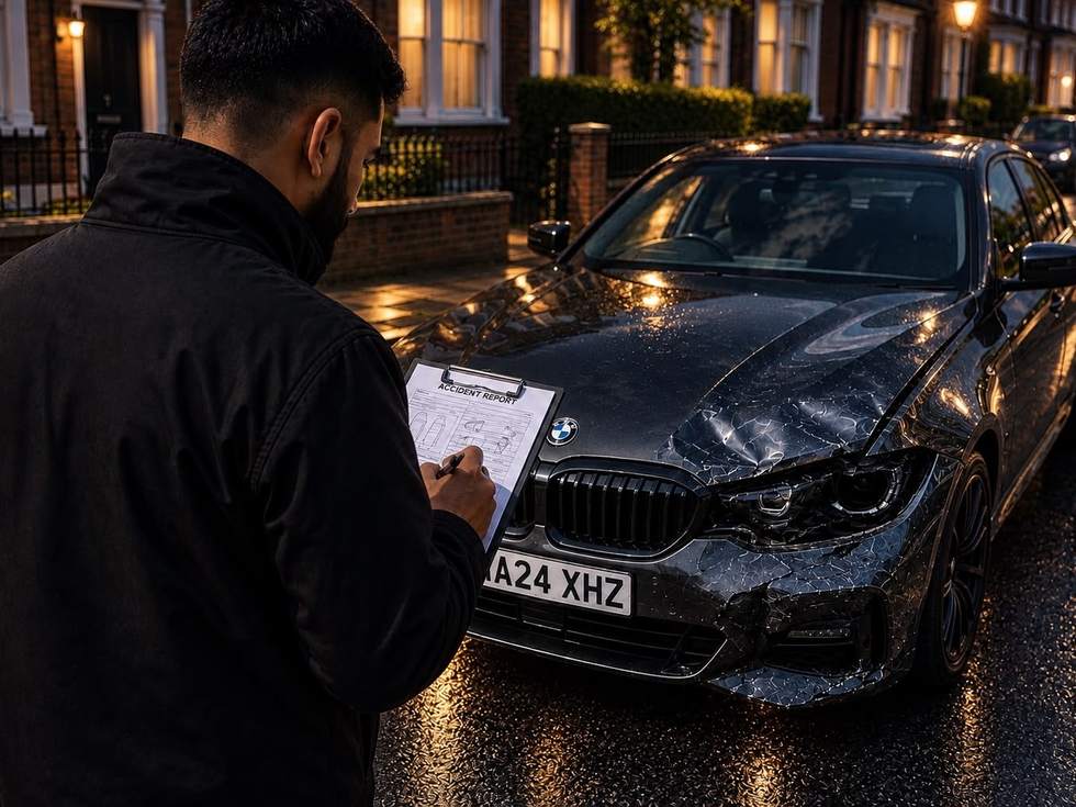 An engineer assessing a badly damaged car