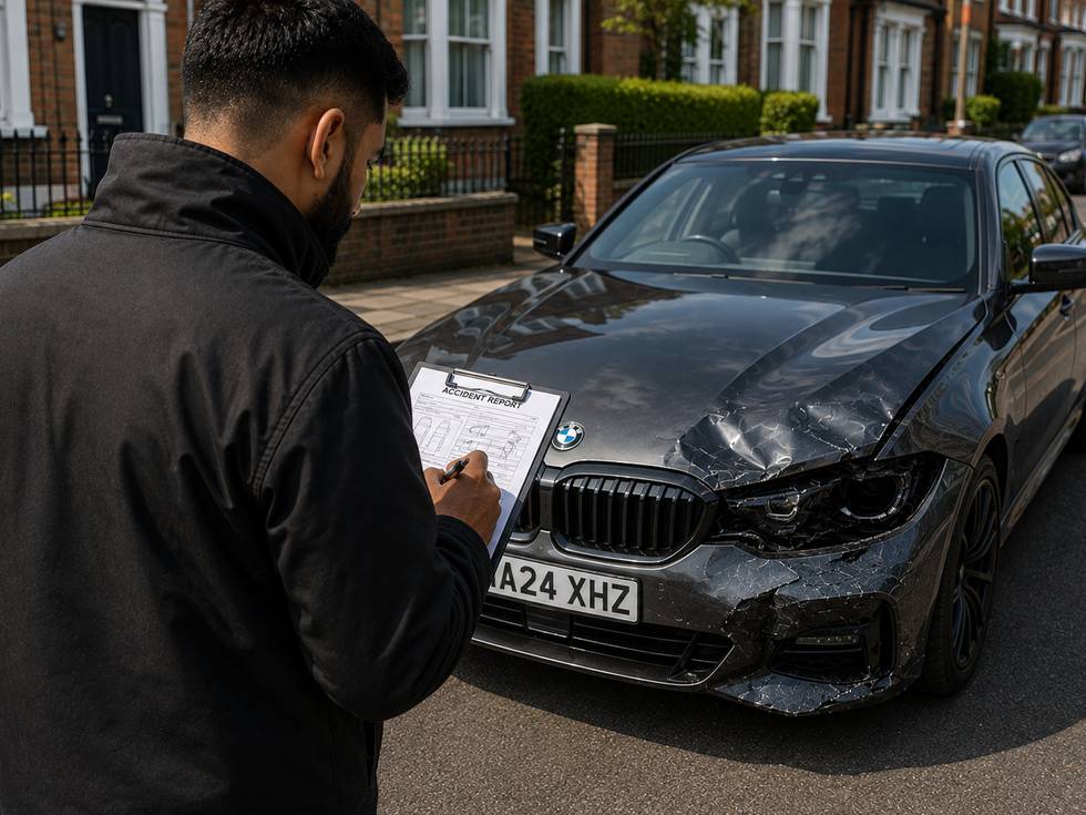 An engineer assessing a badly damaged car