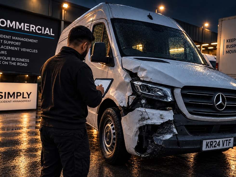 An accident-damaged van being assessed