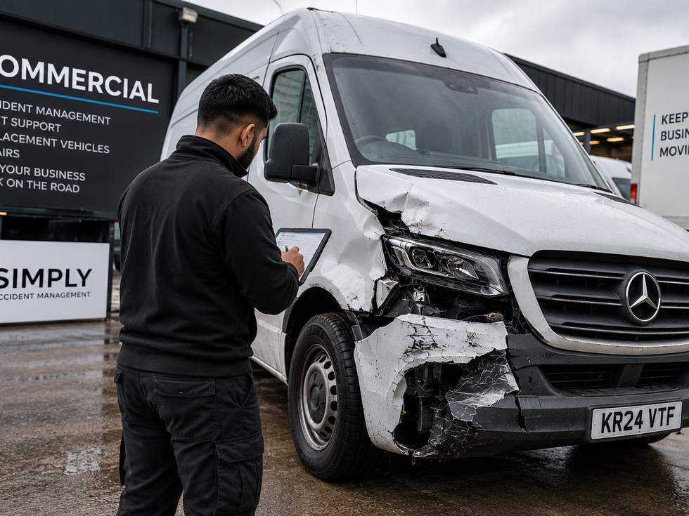 An accident-damaged van being assessed