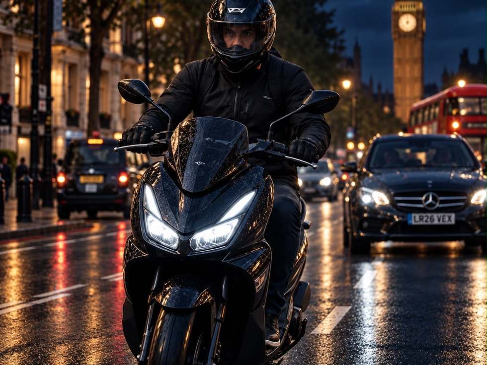 A motorcyclist riding on a London road