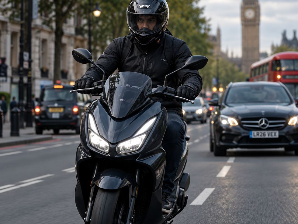 A motorcyclist riding on a London road