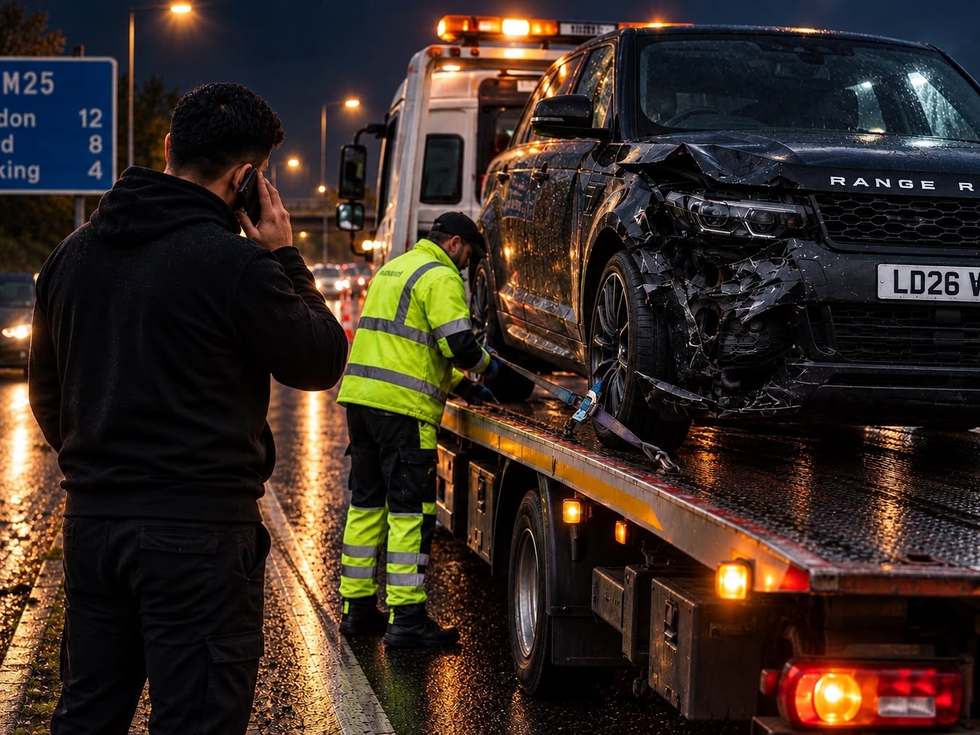 An accident-damaged car being loaded onto a recovery truck