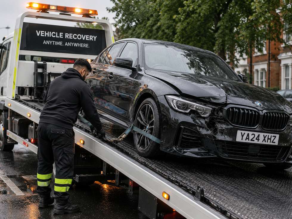 An accident-damaged car being loaded onto a recovery truck