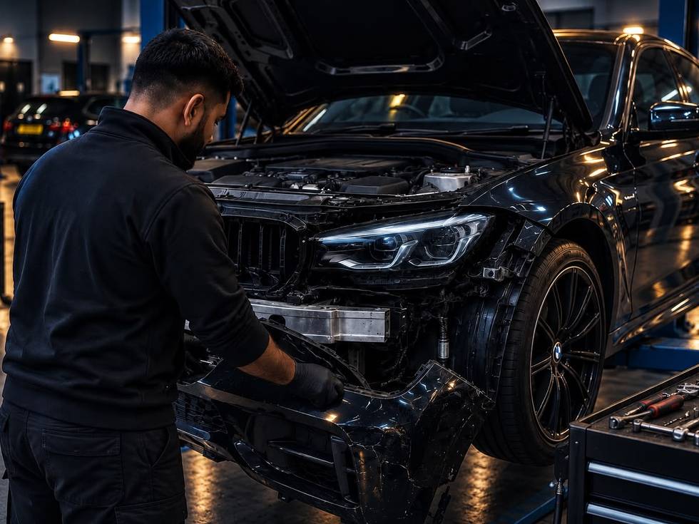 An accident-damaged car being repaired in a workshop