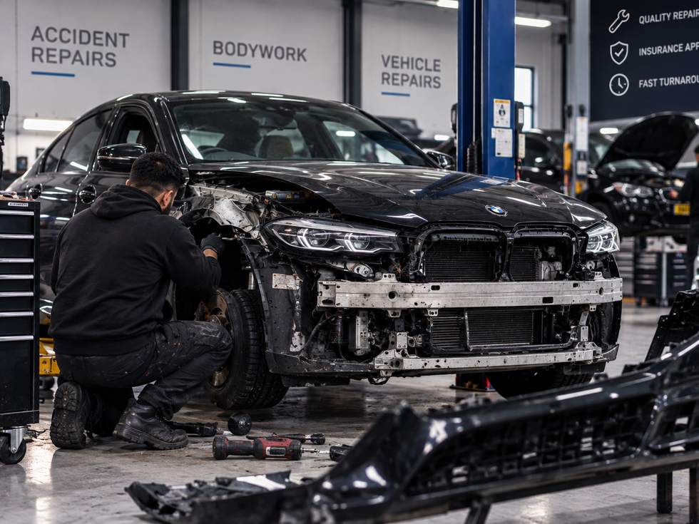 An accident-damaged car being repaired in a workshop