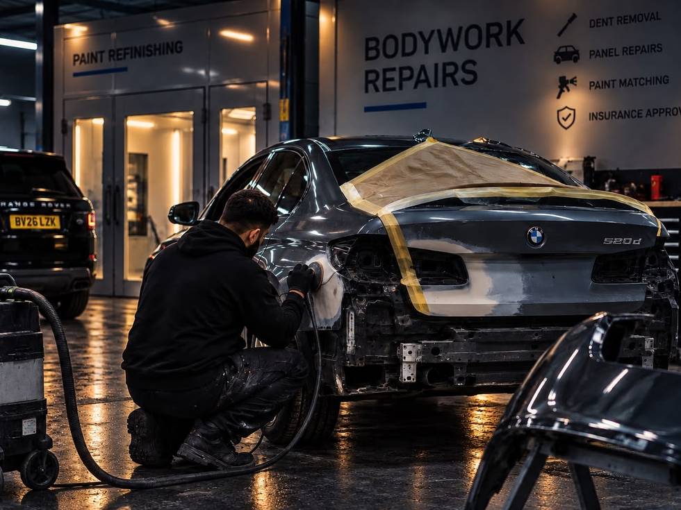 Bodywork being prepared for refinishing at a repair centre
