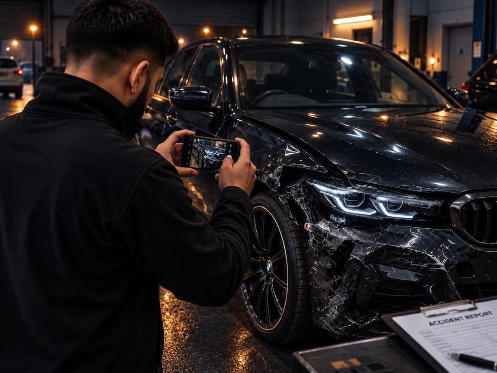 An engineer photographing accident damage for an assessment