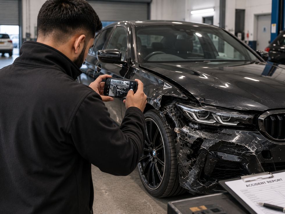 An engineer photographing accident damage for an assessment